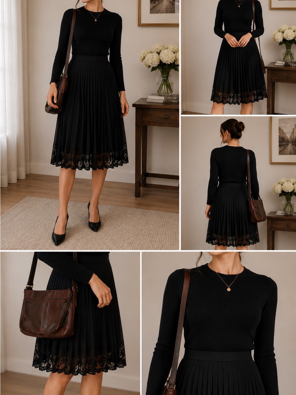Express Black Pleated Midi Skirt Size 6 Lace Hem Lined Elegant Career Goth